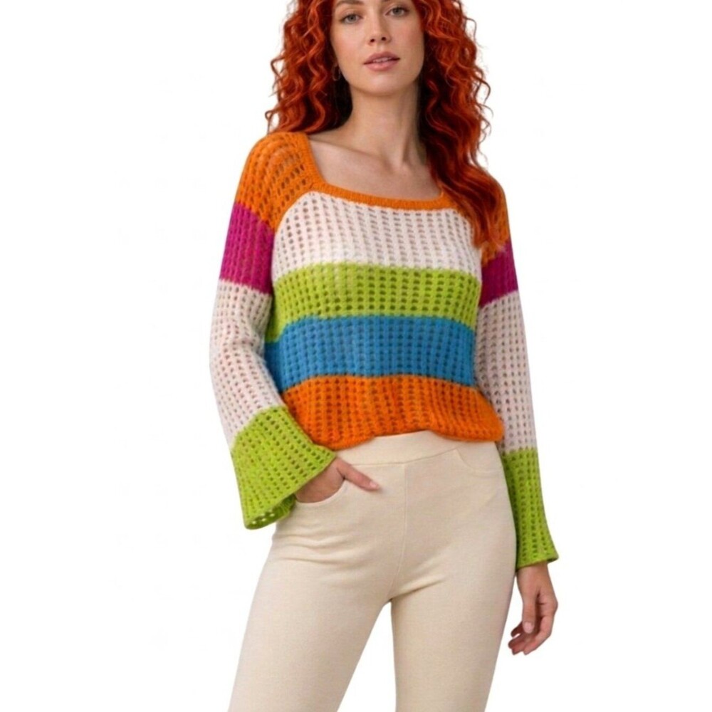 Wild Fable Rainbow Crochet Top 100% Cotton Crop Color Block Sweater XXS